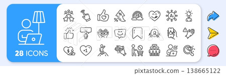 Smile chat, Education and Online voting line icons. Interest rate, AI generate, Inflation icons. Pack of Vision test, Clapping hands, Like hand icon. Lgbt, Hold box, Leadership pictogram. Vector Smile chat, Education and Online voting line icons. Interest rate, AI generate, Inflation icons. Pack of Vision test, Clapping hands, Like hand icon. Lgbt, Hold box, Leadership pictogram. Vector 138665122
