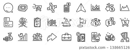 Bitcoin, Loan and Growth chart line icons pack. Share, Message, Paper plane icons. Coins bag, Loyalty points, Mortgage web icon. Diagram chart, Check investment, Portfolio pictogram. Vector Bitcoin, Loan and Growth chart line icons pack. Share, Message, Paper plane icons. Coins bag, Loyalty points, Mortgage web icon. Diagram chart, Check investment, Portfolio pictogram. Vector 138665126