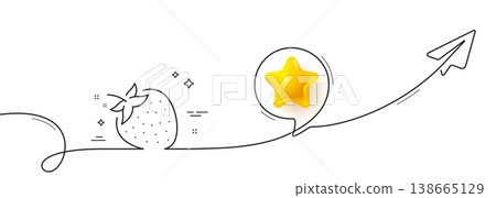 Strawberry line icon. Continuous line with share plane. Fruit food sign. Diet nutrition symbol. 3d star in speech bubble. Strawberry single line ribbon. Loop curve pattern. Vector Strawberry line icon. Continuous line with share plane. Fruit food sign. Diet nutrition symbol. 3d star in speech bubble. Strawberry single line ribbon. Loop curve pattern. Vector 138665129