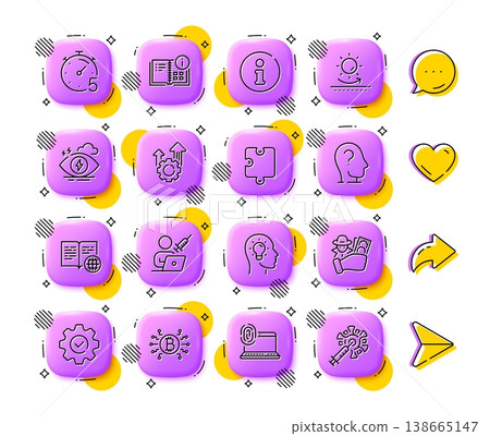 Instruction info, Idea head and Execute line icons. App 3d buttons. Social media comment, share, like icons. Pack of Stress, Bitcoin system, Timer icon. Vector Instruction info, Idea head and Execute line icons. App 3d buttons. Social media comment, share, like icons. Pack of Stress, Bitcoin system, Timer icon. Vector 138665147