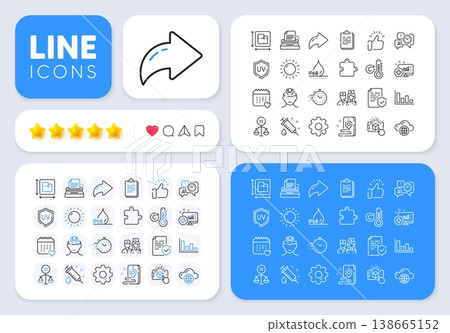 Doctor, Typewriter and Medical analytics line icons for web app. Message, Share, Like social media icons. Pack of Certificate, Timer, Healthcare calendar pictogram icons. Vector 138665152