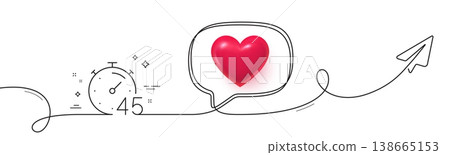 Timer 45 minutes line icon. Continuous line with share plane. Stopwatch time sign. Countdown clock symbol. 3d heart in speech bubble. Timer single line ribbon. Loop curve pattern. Vector 138665153