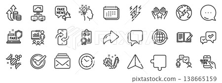 Lightning bolt, Fake news and Time change line icons pack. Share, Message, Paper plane icons. Inflation, Puzzle, Feedback web icon. Inspect, Phone transfer, Education pictogram. Vector Lightning bolt, Fake news and Time change line icons pack. Share, Message, Paper plane icons. Inflation, Puzzle, Feedback web icon. Inspect, Phone transfer, Education pictogram. Vector 138665159