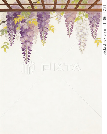 日式插畫背景，優雅地垂掛著紫藤花，旁邊有一個木架。 138665231