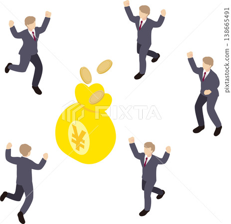 一幅描繪商人慶祝利潤和獎金的等距插圖。關鍵字：金錢、成功、金融、成就 138665491