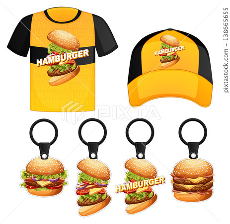 Fast Food Merchandise Set with Hamburger Graphic T-Shirt Cap and Keychains 138665655