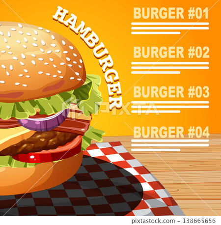 Gourmet Hamburger Vector Illustration with Menu List and Copy Space Gourmet Hamburger Vector Illustration with Menu List and Copy Space 138665656