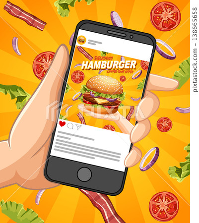 Hand Holding Smartphone Displaying Social Media Hamburger Advertisement with Floating Ingredients 138665658