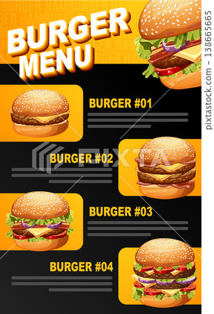 Fast Food Restaurant Burger Menu Vector Illustration Template with Various Sandwiches Fast Food Restaurant Burger Menu Vector Illustration Template with Various Sandwiches 138665665