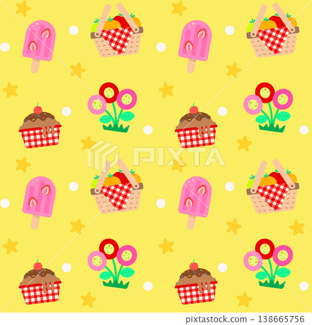 Cute Camping Picnic Pattern with Basket Fruits Ice Cream and Floral for Spring Summer Kids Party 138665756