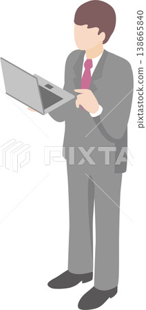 一位商務人士正在使用筆記型電腦;會議和簡報的畫面;等距視圖。 一位商務人士正在使用筆記型電腦;會議和簡報的畫面;等距視圖。 138665840