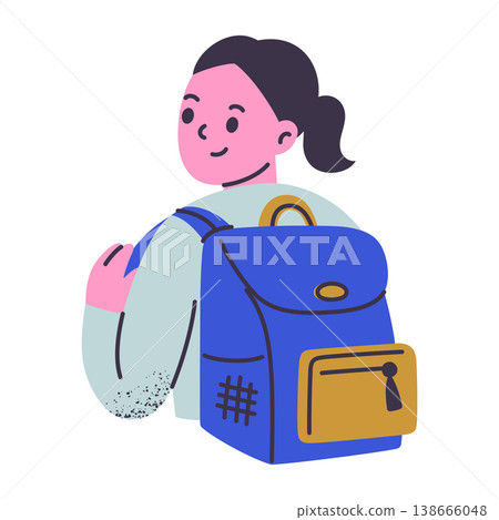 Schoolgirl character with backpack going to school, cute flat cartoon girl student. Back to school and kids education, textured vector illustration of child 138666048
