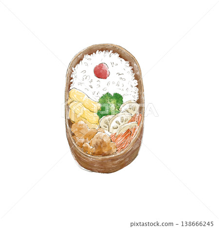 裝在彎木容器中的便當盒的插圖。 138666245