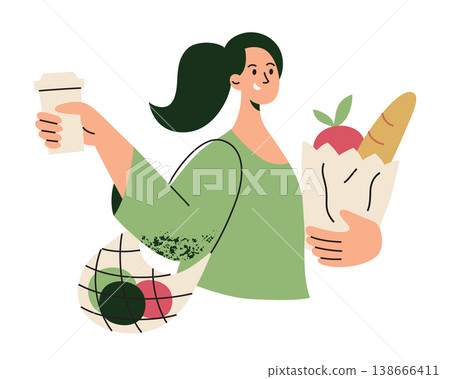 Woman character shopping at farmers market, flat cartoon girl with shoulder bag, fruits and vegetables, paper bag with baguette, coffee cup. Eco shopping, organic food, textured vector illustration Woman character shopping at farmers market, flat cartoon girl with shoulder bag, fruits and vegetables, paper bag with baguette, coffee cup. Eco shopping, organic food, textured vector illustration 138666411