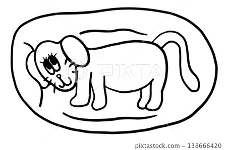 Cute hand drawn outline of puppy sleeping on dog bed for colouring book, decoration, dog cartoon, characters, comic, pet shop, vet, adopt rescue animal, foster home, shelter, house, park, yard, room	 138666420