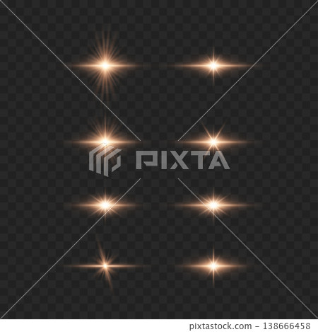 Realistic Golden Lens Flare Set. Vector Horizontal Light Flashes and Glowing Stars on Transparent Background. 138666458