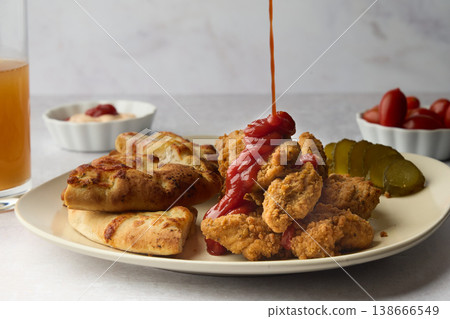 Crispy Fried Chicken Tenders with Ketchup and Bread 138666549