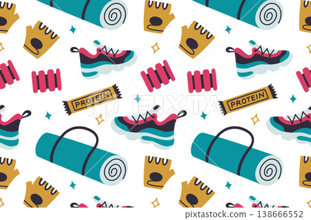 Fitness seamless pattern with bright flat cartoon female workout accessories, yoga mat, sports gloves, sneakers, hand weights, protein bar. Active lifestyle vector illustration for sport and gym Fitness seamless pattern with bright flat cartoon female workout accessories, yoga mat, sports gloves, sneakers, hand weights, protein bar. Active lifestyle vector illustration for sport and gym 138666552