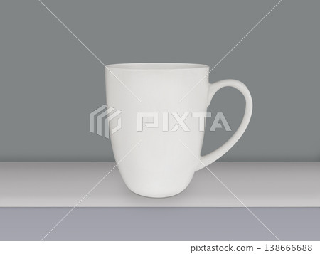 A white ceramic coffee cup sits on a white shelf. A white ceramic coffee cup sits on a white shelf. 138666688