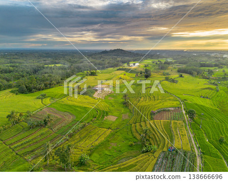 Beautiful morning view in Indonesia, panoramic landscape of rice fields with mountain ranges and clear sky Beautiful morning view in Indonesia, panoramic landscape of rice fields with mountain ranges and clear sky 138666696
