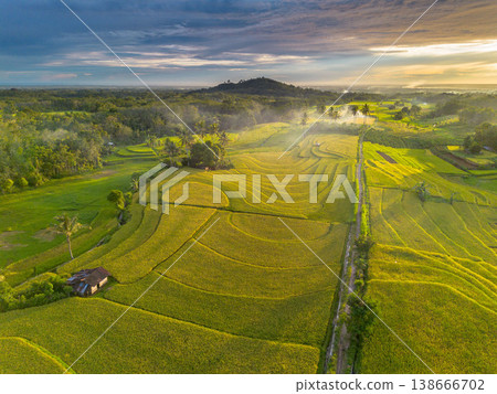 Beautiful morning view in Indonesia, panoramic landscape of rice fields with mountain ranges and clear sky Beautiful morning view in Indonesia, panoramic landscape of rice fields with mountain ranges and clear sky 138666702