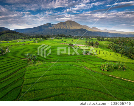 Beautiful morning view in Indonesia, panoramic landscape of rice fields with mountain ranges and clear sky Beautiful morning view in Indonesia, panoramic landscape of rice fields with mountain ranges and clear sky 138666746
