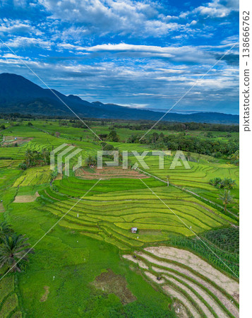 Beautiful morning view in Indonesia, panoramic landscape of rice fields with mountain ranges and clear sky Beautiful morning view in Indonesia, panoramic landscape of rice fields with mountain ranges and clear sky 138666762