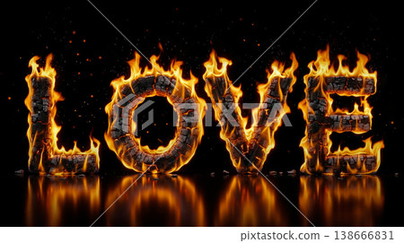 Word Love Made of Burning wood Charcoal with Realistic Orange Flames and Reflection 138666831