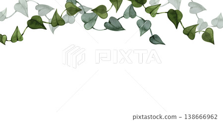 Hand drawn watercolor border with trailing ivy vines and heart shaped green leaves. Elegant botanical horizontal frame of climbing plants for wedding invitations, eco branding, and garden decor. Hand drawn watercolor border with trailing ivy vines and heart shaped green leaves. Elegant botanical horizontal frame of climbing plants for wedding invitations, eco branding, and garden decor. 138666962
