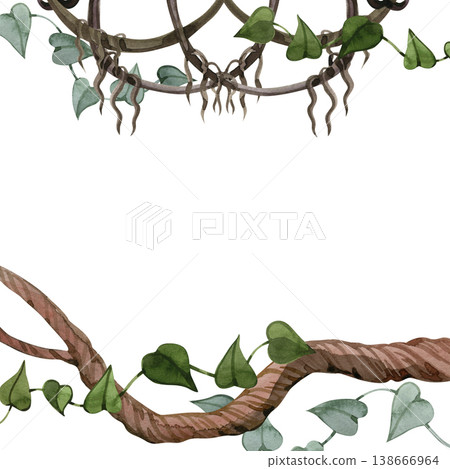 Hand drawn watercolor frame of tropical jungle vines and liana branches with green ivy leaves. Realistic botanical border for nature themed wedding invitations, eco branding, and rustic garden decor. 138666964