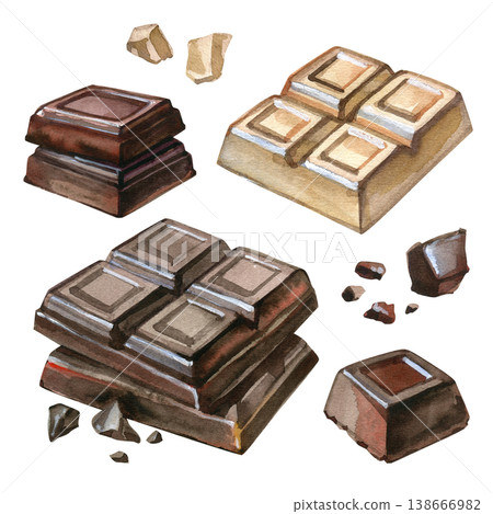 Hand drawn watercolor set of dark, milk, and white chocolate bars with broken chunks and crumbs. Delicious realistic dessert elements for cafe menus, bakery branding, and sweet food illustrations. 138666982