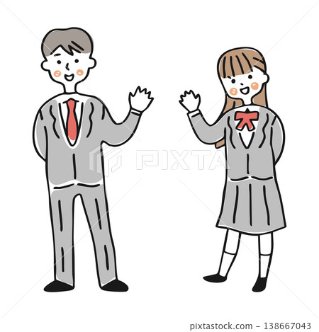 一名身穿制服的男孩和一名身穿制服的女孩舉手向某人問好。 一名身穿制服的男孩和一名身穿制服的女孩舉手向某人問好。 138667043