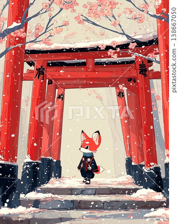 一隻可愛的狐狸走過伏見稻荷大社的鳥居（京都，日式粉彩風格，T卹圖案） 138667050
