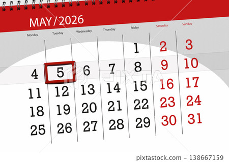 Calendar 2026, deadline, day, month, page, organizer, date, May, tuesday, number 5 Calendar 2026, deadline, day, month, page, organizer, date, May, tuesday, number 5 138667159