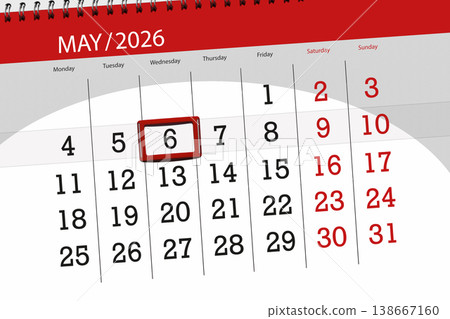 Calendar 2026, deadline, day, month, page, organizer, date, May, wednesday, number 6 Calendar 2026, deadline, day, month, page, organizer, date, May, wednesday, number 6 138667160