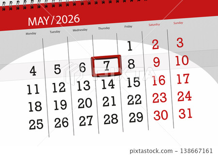 Calendar 2026, deadline, day, month, page, organizer, date, May, thursday, number 7 Calendar 2026, deadline, day, month, page, organizer, date, May, thursday, number 7 138667161