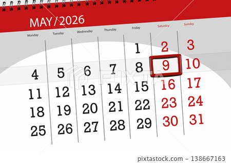 Calendar 2026, deadline, day, month, page, organizer, date, May, saturday, number 9 138667163