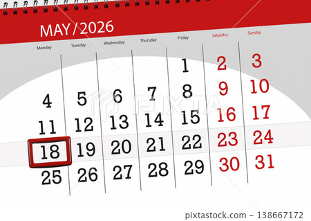 Calendar 2026, deadline, day, month, page, organizer, date, May, monday, number 18 Calendar 2026, deadline, day, month, page, organizer, date, May, monday, number 18 138667172