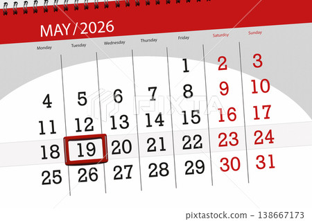 Calendar 2026, deadline, day, month, page, organizer, date, May, tuesday, number 19 138667173