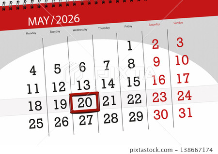 Calendar 2026, deadline, day, month, page, organizer, date, May, wednesday, number 20 Calendar 2026, deadline, day, month, page, organizer, date, May, wednesday, number 20 138667174