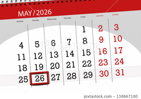 Calendar 2026, deadline, day, month, page, organizer, date, May, tuesday, number 26 Calendar 2026, deadline, day, month, page, organizer, date, May, tuesday, number 26 138667180