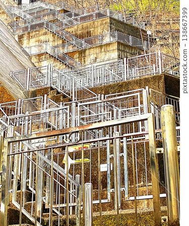 The geometrically overlapping staircase and railing create a mysterious and beautiful form. This image, with its labyrinthine depth, is truly eye-catching. The geometrically overlapping staircase and railing create a mysterious and beautiful form. This image, with its labyrinthine depth, is truly eye-catching. 138667399