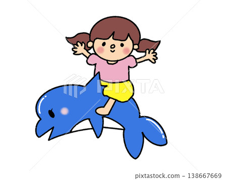 一個扎著雙馬尾的可愛女孩在海豚上享受夏日休閒活動。 一個扎著雙馬尾的可愛女孩在海豚上享受夏日休閒活動。 138667669