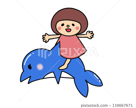 一位留著波波頭的可愛女孩正在享受夏日休閒活動,她騎著海豚。 一位留著波波頭的可愛女孩正在享受夏日休閒活動,她騎著海豚。 138667671