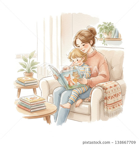 水彩插畫，描繪了父母與孩子之間的日常生活和育兒場景。 138667709