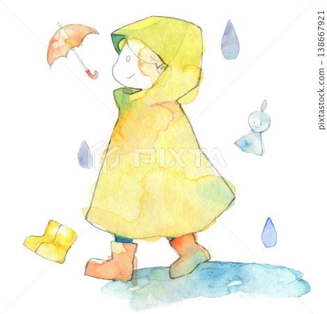 Watercolor illustration of a child in a raincoat on a rainy day | Umbrella, rain boots, rainy season, cute character illustration Watercolor illustration of a child in a raincoat on a rainy day | Umbrella, rain boots, rainy season, cute character illustration 138667921