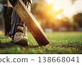 Cricket ball and bat on grassy field at sunset 138668041