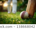 Cricket ball and bat on grassy field at sunset 138668042