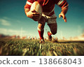 Rugby player running with ball on field 138668043