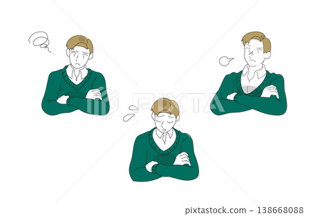 A set of illustrations depicting the facial expressions of a business casual man with his arms crossed. 138668088